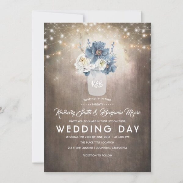 Dusty Blue Floral Mason Jar Rustic Country Wedding Invitation
