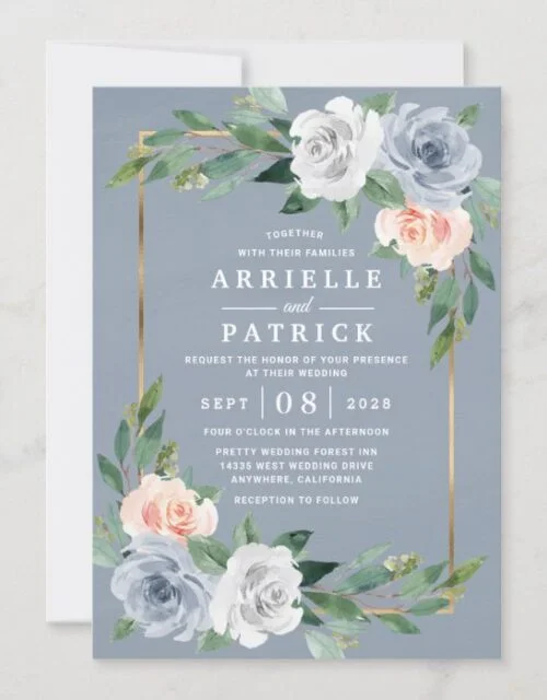 Dusty Blue Gold Blush Pink Peach Floral Wedding Invitation