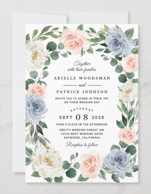 Dusty Blue Gray Blush Pink Peach Floral Wedding Invitation