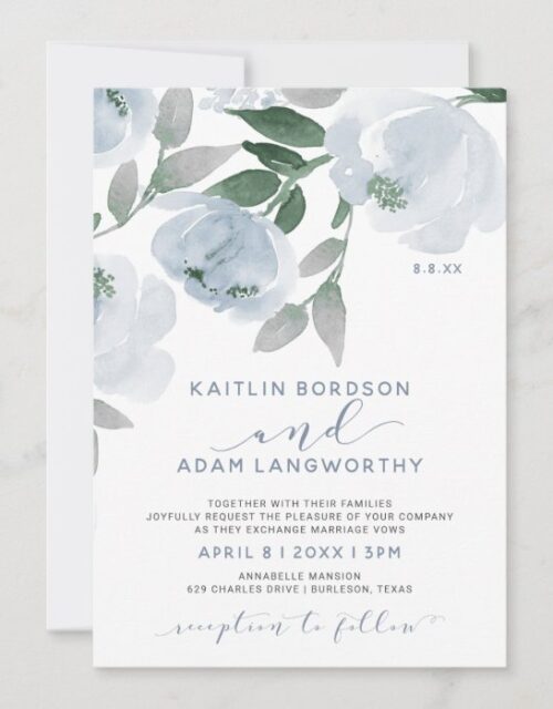 Dusty Blue Gray Watercolor Floral Wedding Invitation