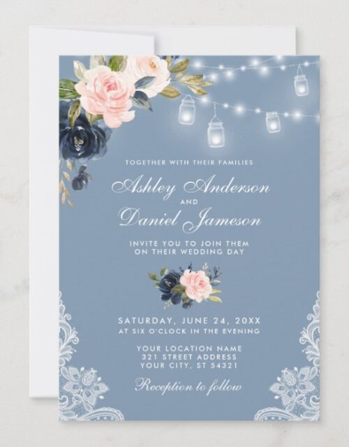 Dusty Blue Pink Floral Lace Lights Wedding Invitation
