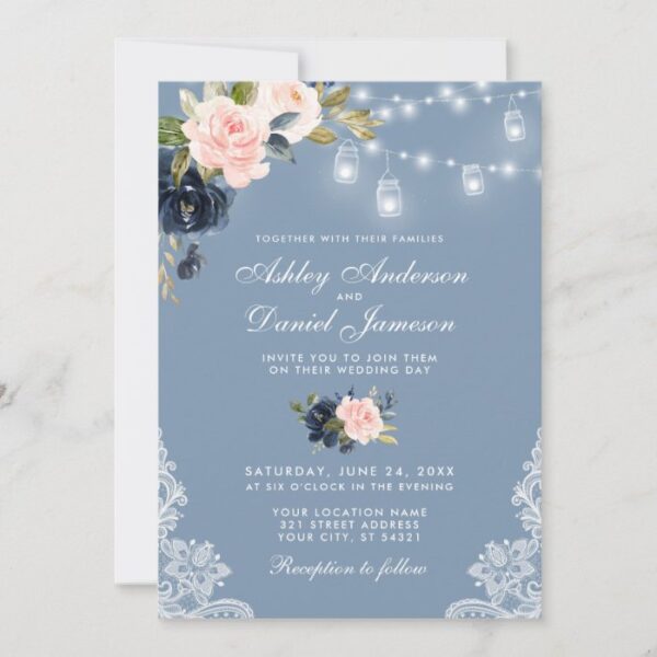 Dusty Blue Pink Floral Lace Lights Wedding Invitation