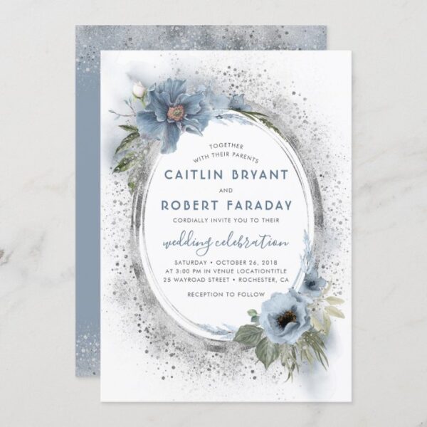 Dusty Blue & Silver Glitter Floral Rustic Wedding Invitation