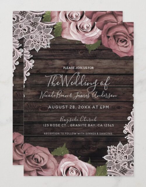 Dusty Pink Floral Roses Rustic Wood & Lace Wedding Invitation