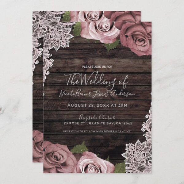 Dusty Pink Floral Roses Rustic Wood & Lace Wedding Invitation