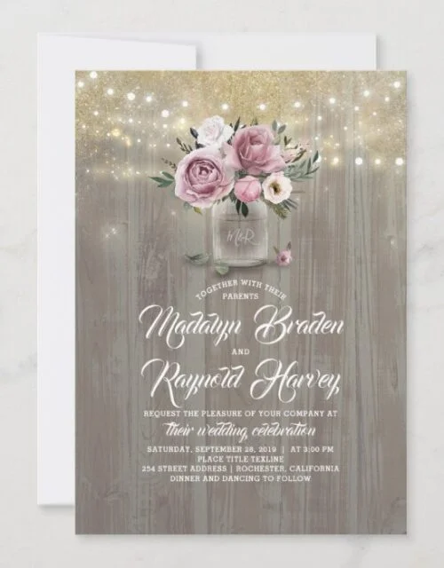 Dusty Rose Floral Mason Jar Rustic Wedding Invitation