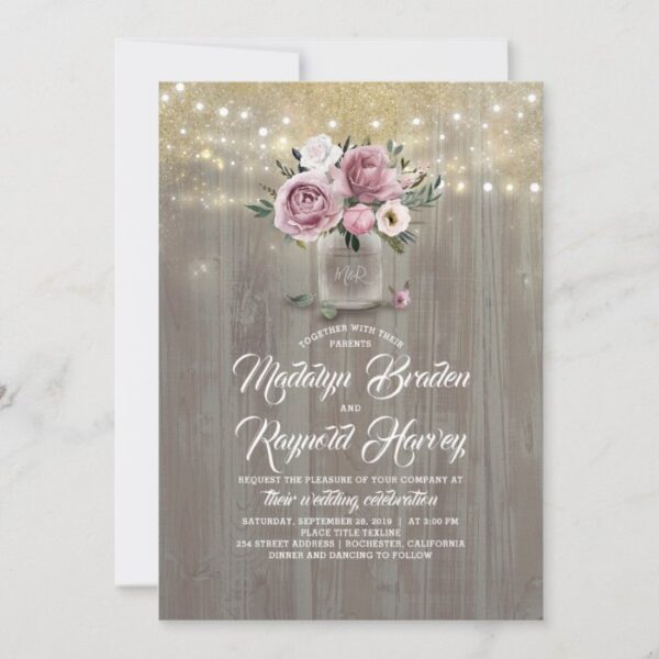 Dusty Rose Floral Mason Jar Rustic Wedding Invitation