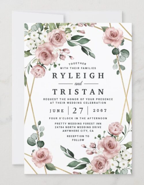 Dusty Rose Pink and Gold Floral Greenery Wedding Invitation