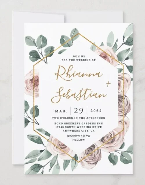 Dusty Rose Pink Mauve Gold Greenery Floral Wedding Invitation