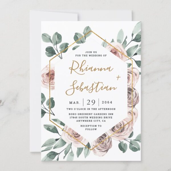 Dusty Rose Pink Mauve Gold Greenery Floral Wedding Invitation