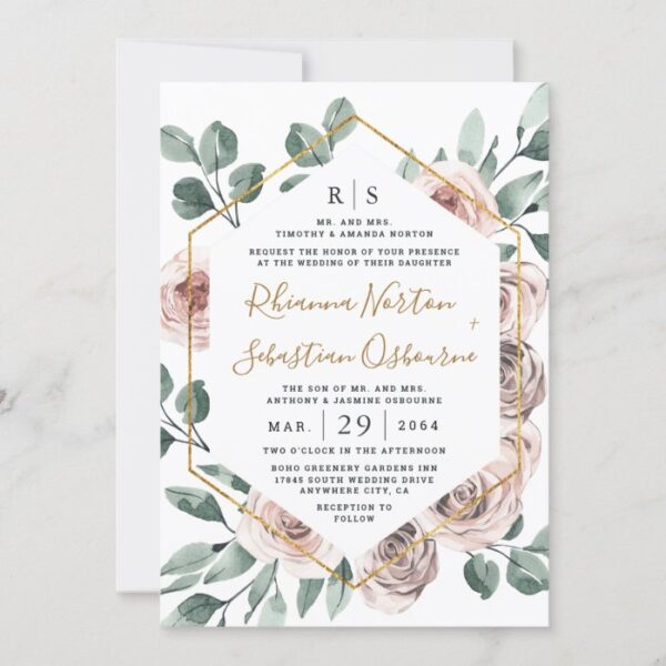 Dusty Rose Pink Mauve Greenery Floral Gold Wedding Invitation