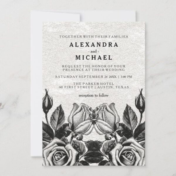 Edgy Victorian Roses Black and White Wedding Invitation