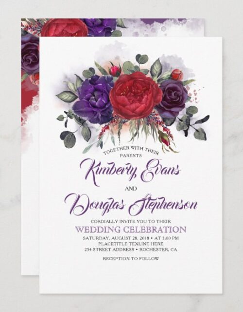 Eggplant Purple and Burgundy Floral Fall Wedding Invitation