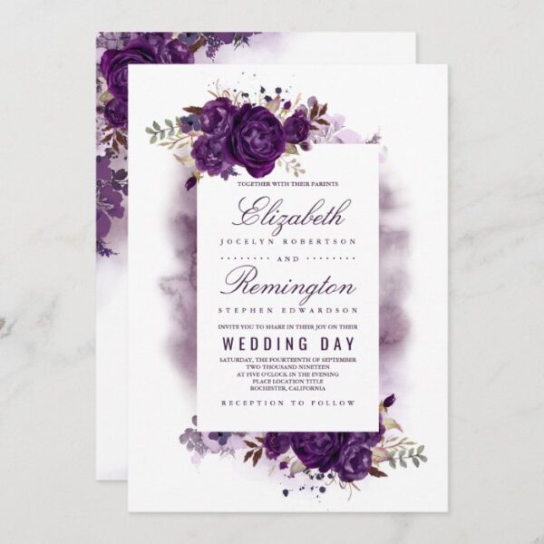 Eggplant Purple Floral Elegant Watercolor Wedding Invitation