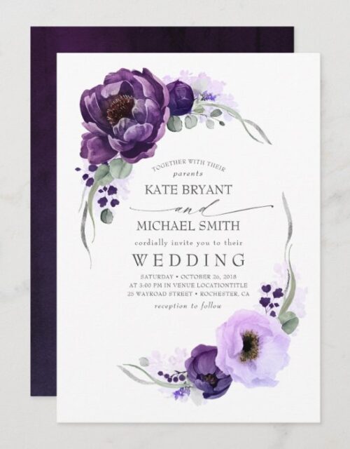 Eggplant Purple Peony and Greenery Silver Wedding Invitation