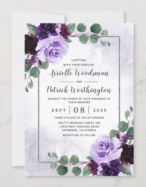 Elegant Airy Boho Floral Purple and Silver Wedding Invitation