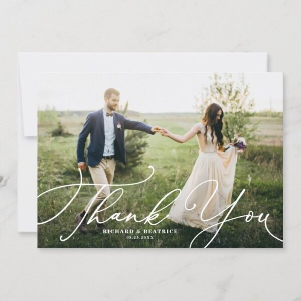 Elegant Beatrice Script Photo Wedding Thank You Card