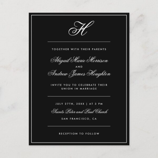 Elegant Black And White Monogram Script Wedding Invitation Postcard