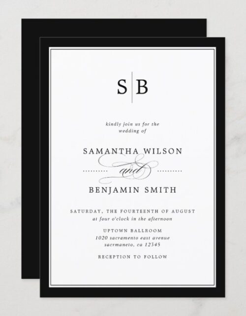Elegant Black And White Monogram Wedding Invitation