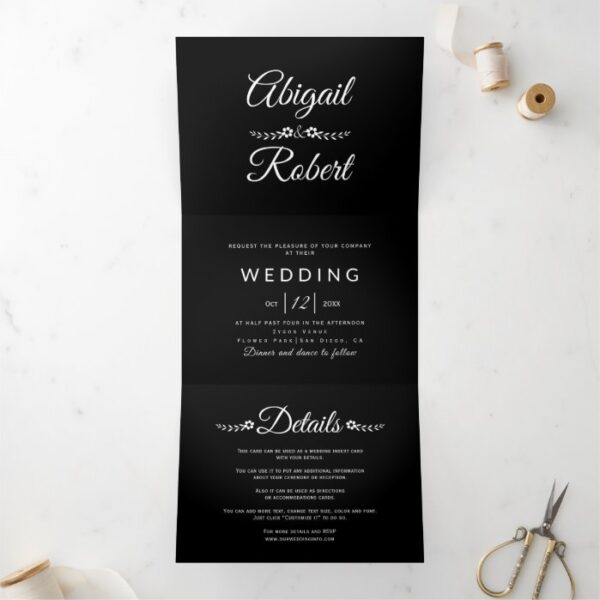 Elegant black and white typography photo wedding Tri-Fold invitation