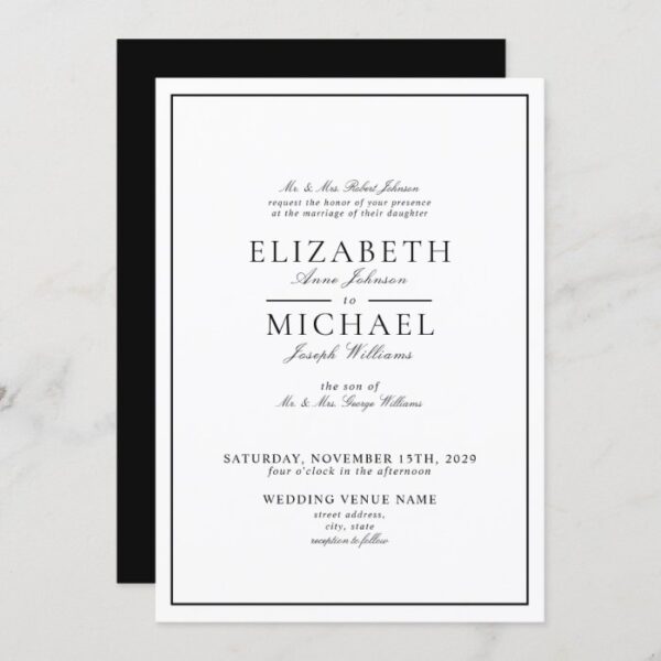 Elegant Black & White Classic Script Wedding Invitation