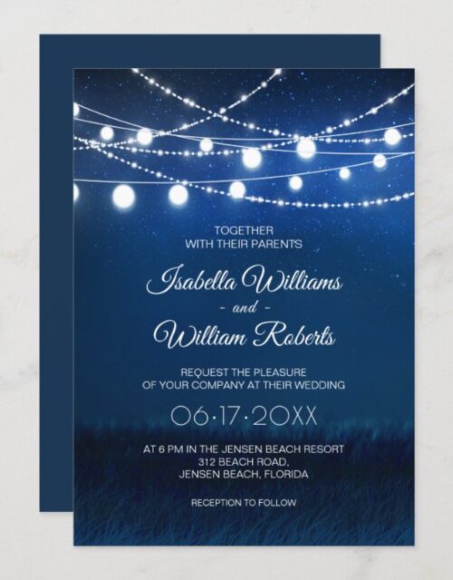 Elegant Blue Night & Silver String Lights Wedding Invitation