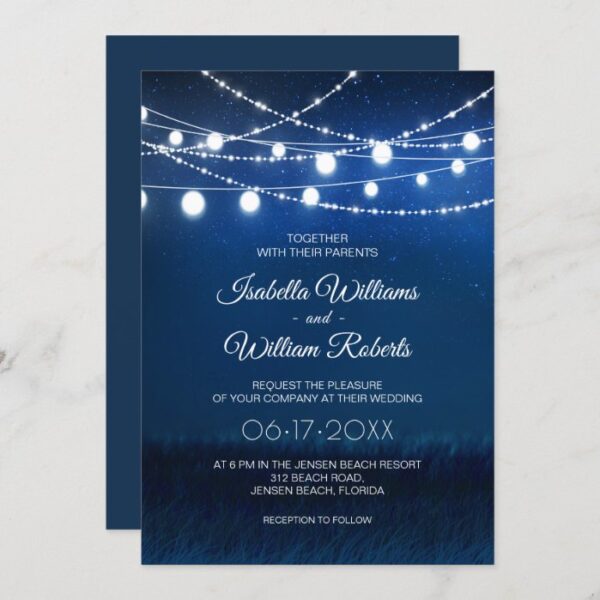 Elegant Blue Night & Silver String Lights Wedding Invitation