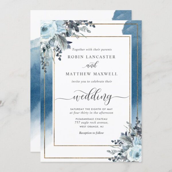 Elegant Blue Watercolor and Blue Floral Wedding Invitation
