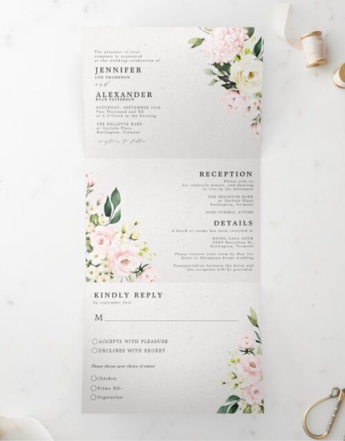 Elegant Blush Floral Eucalyptus All in one Wedding Tri-Fold Invitation