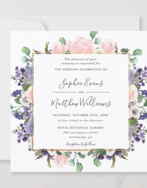 Elegant Blush Lavender Purple Floral Gold Wedding Invitation