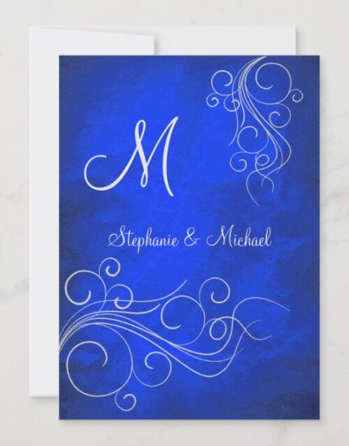 Elegant Bright Blue Silver Monogram Wedding Invitation