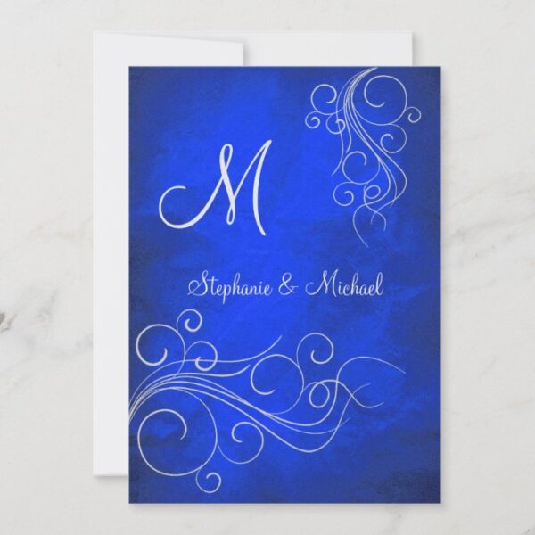 Elegant Bright Blue Silver Monogram Wedding Invitation