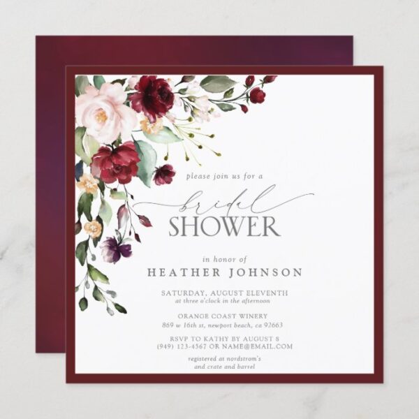Elegant Burgundy Floral Watercolor Bridal Shower Invitation