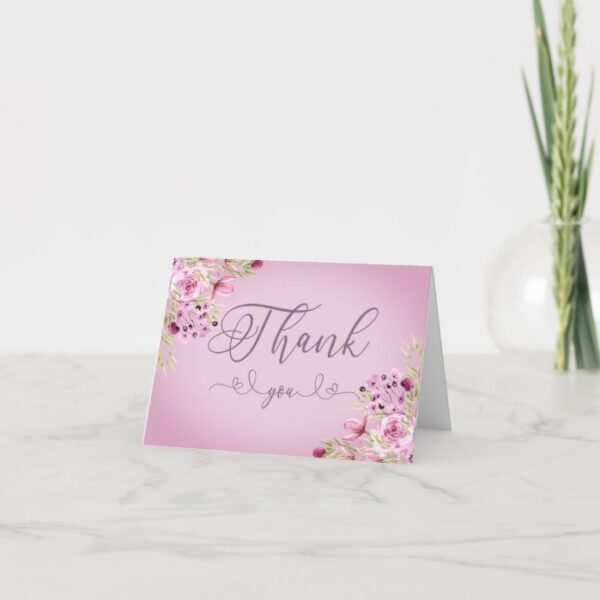 Elegant Calligraphy and Purple Flowers Thank You Card