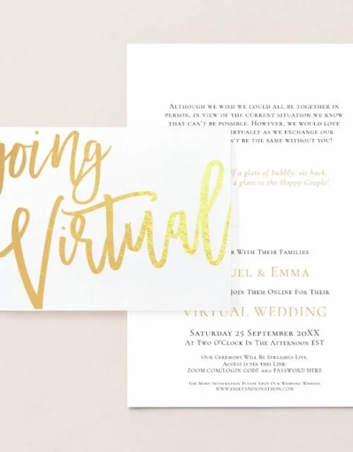 Elegant Calligraphy Going Virtual Wedding Gold Foil Card
