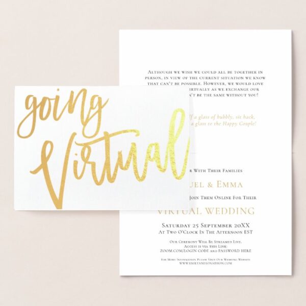 Elegant Calligraphy Going Virtual Wedding Gold Foil Card