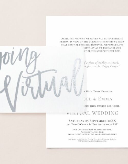 Elegant Calligraphy Going Virtual Wedding Silver Foil Card