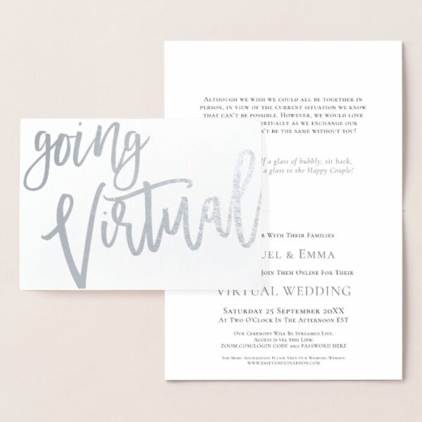 Elegant Calligraphy Going Virtual Wedding Silver Foil Card