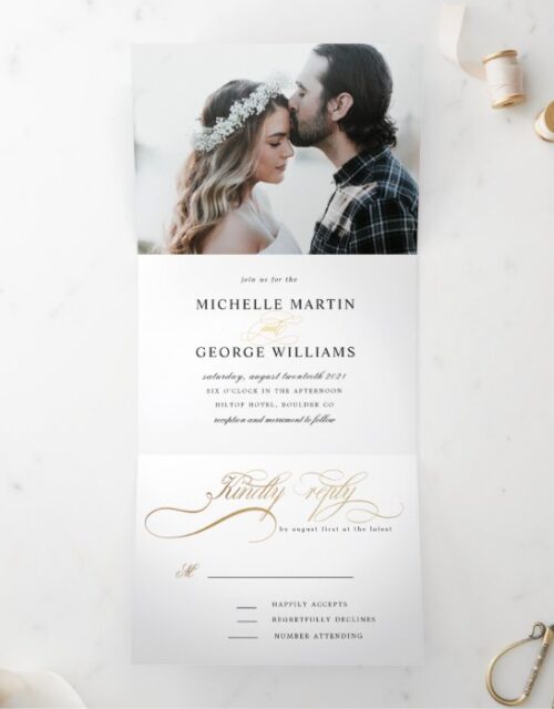 elegant calligraphy tri fold wedding invitation