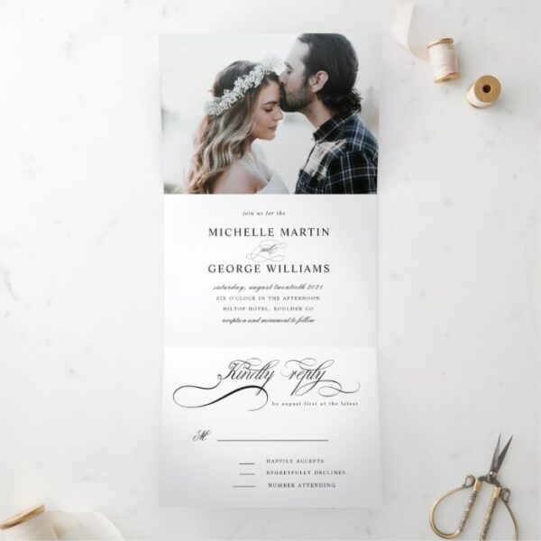elegant calligraphy tri fold wedding invitation
