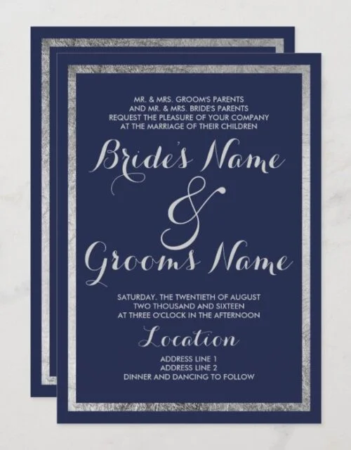 Elegant chic modern navy blue faux silver Wedding Invitation