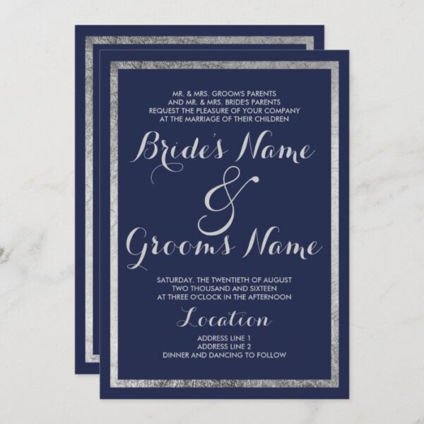 Elegant chic modern navy blue faux silver Wedding Invitation