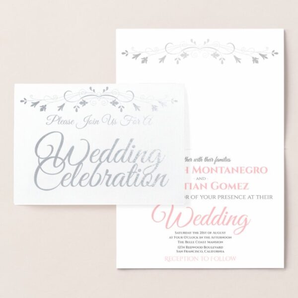 Elegant Chic Silver & Pink Foil Wedding Invitation