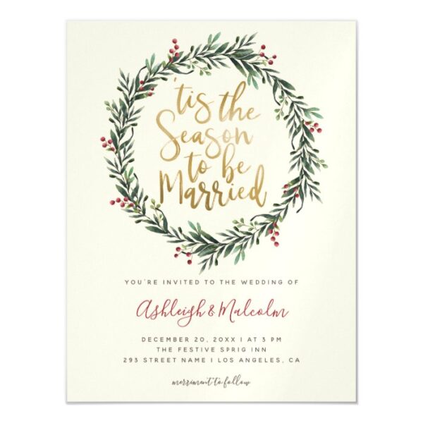 Elegant Christmas Wreath Tis The Season Wedding Magnetic Invitation