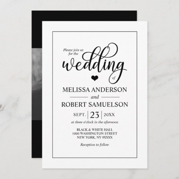 Elegant Classic Black White Script Wedding PHOTO Invitation