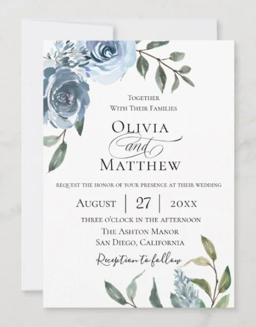 Elegant Dusty Blue Botanical Wedding Invitation