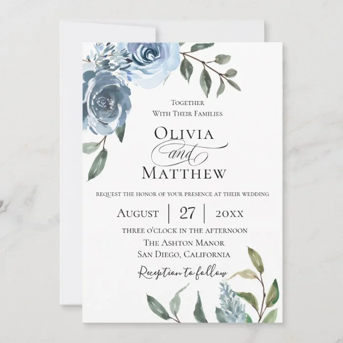 Elegant Dusty Blue Botanical Wedding Invitation