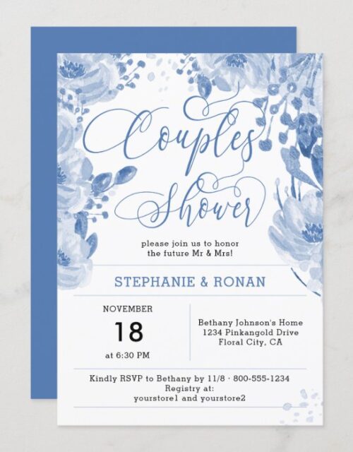 Elegant Dusty Blue Floral Couples Shower Invitation