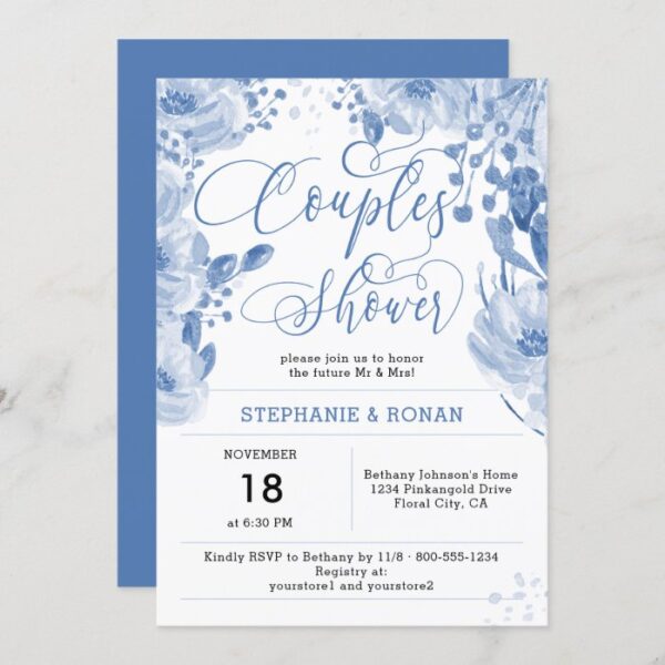 Elegant Dusty Blue Floral Couples Shower Invitation