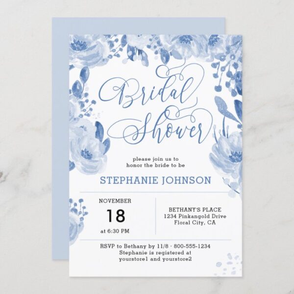 Elegant Dusty Blue Watercolor Floral Bridal Shower Invitation